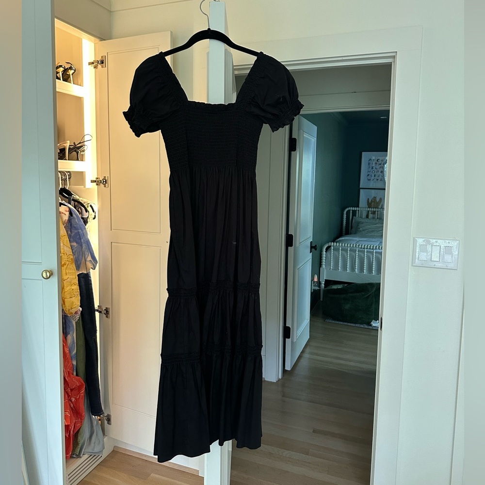 Caara Puff Sleeve Black Midi Dress